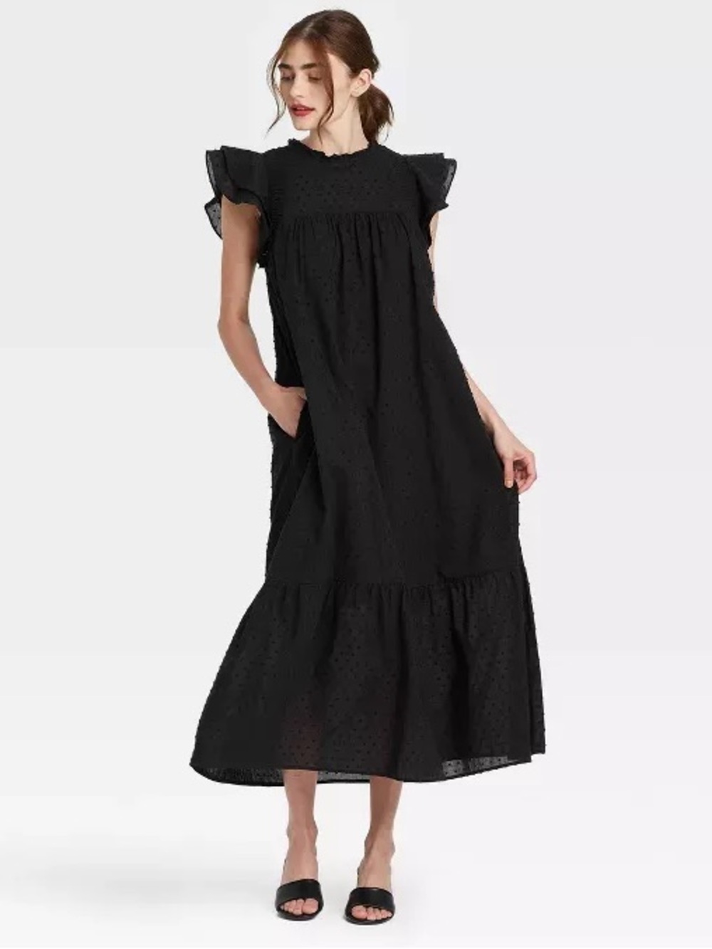 Who What Wear Black Flutter Sleeve Swiss Dot Midi Dress Size Medium
